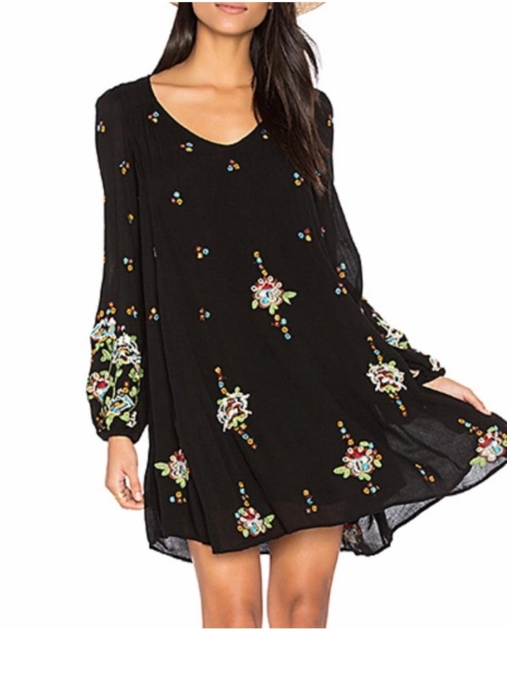 Free People Oxford Black Embroidered Mini Dress Size L Boho Western Festival
